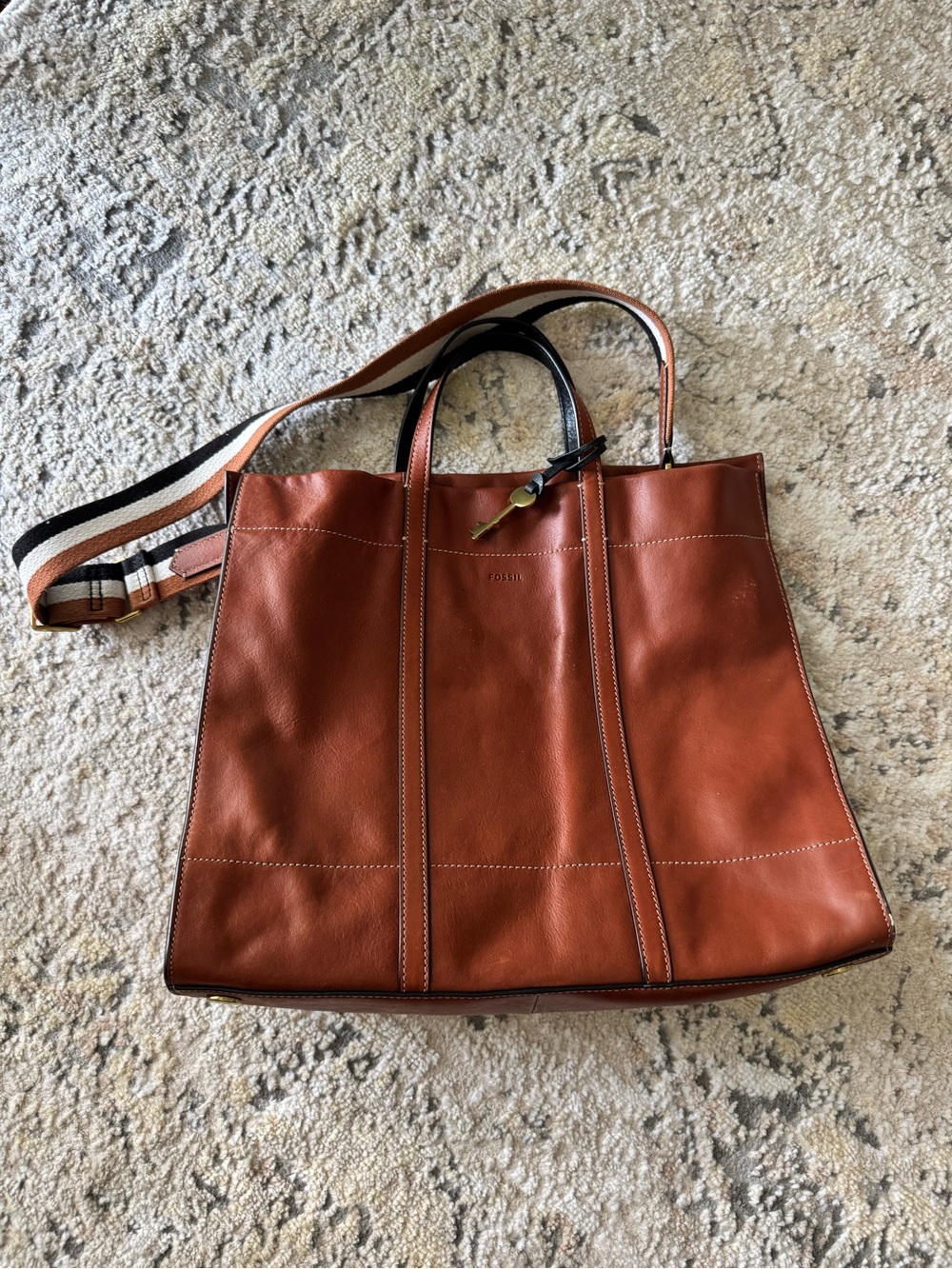 Fossil Leather Tote with Striped Strap
